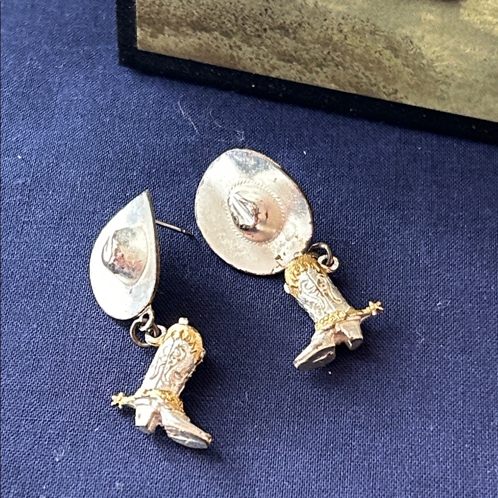 Vintage Western Cowgirl Silver drop pierced earrings Gold  tone edges hat, boots